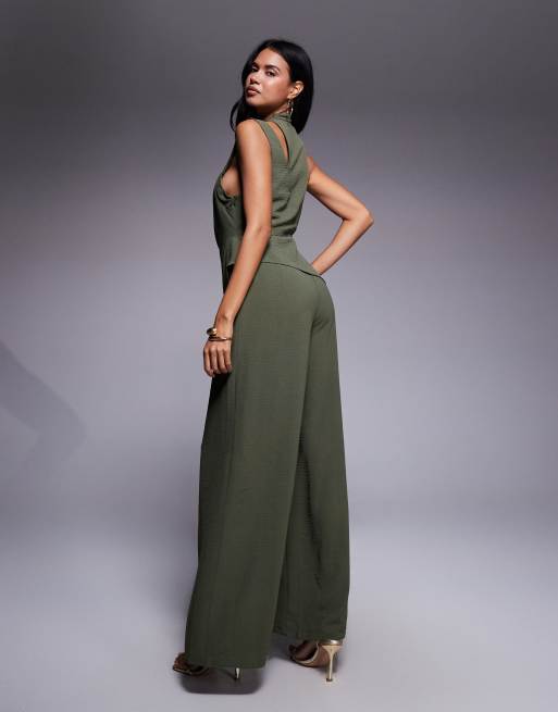 ASOS DESIGN plunge multi strap wide leg jumpsuit in olive green, 3 of 4