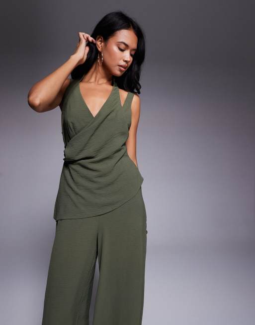 ASOS DESIGN plunge multi straps wide leg jumpsuit in olive green