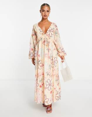 ASOS DESIGN plunge neck all over floral embroidered maxi dress | ASOS