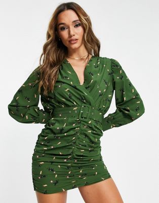 ASOS DESIGN plunge neck belted mini dress with ruched skirt in green pattern - ASOS Price Checker