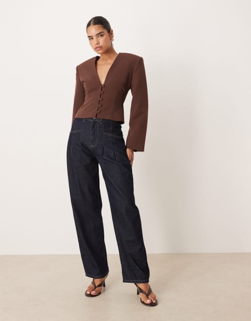 ASOS DESIGN plunge neck cinch waist blazer in brown