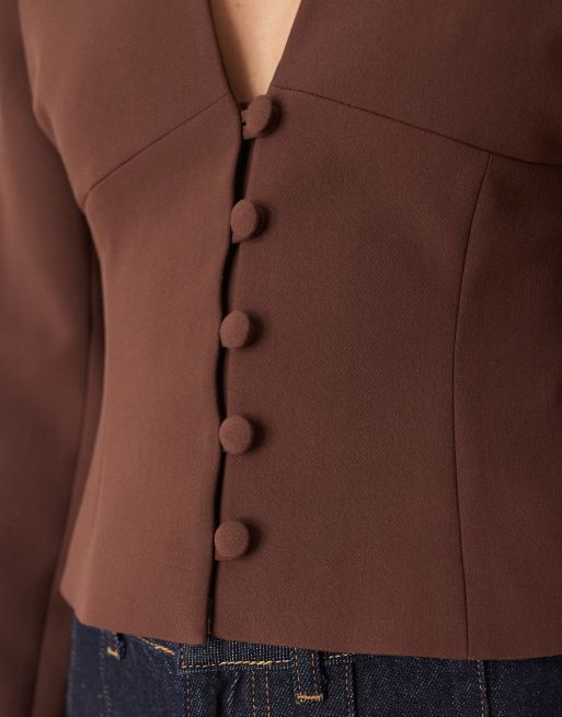 ASOS DESIGN plunge neck cinch waist blazer in brown
