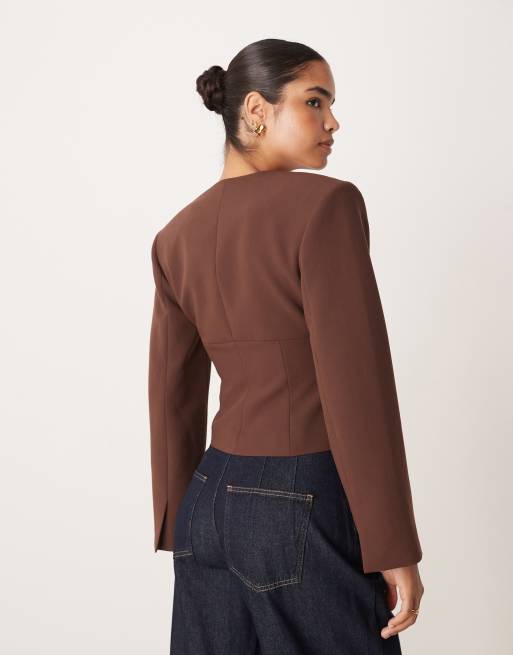 ASOS DESIGN plunge neck cinch waist blazer in brown