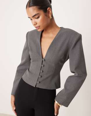 Asos Design Plunge Neck Cinch Waist Blazer In Gray