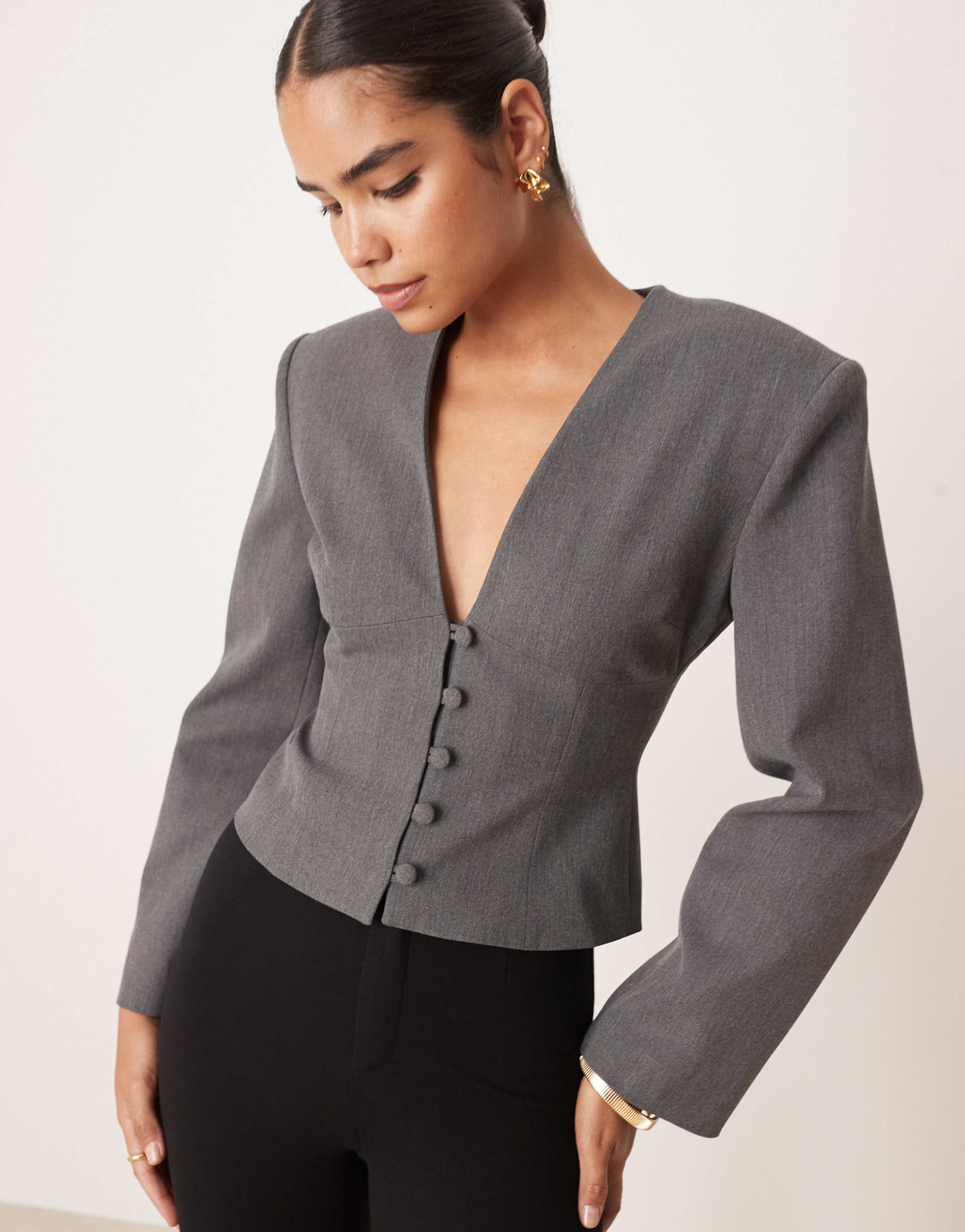 asos design plunge neck cinch waist blazer in gray heather