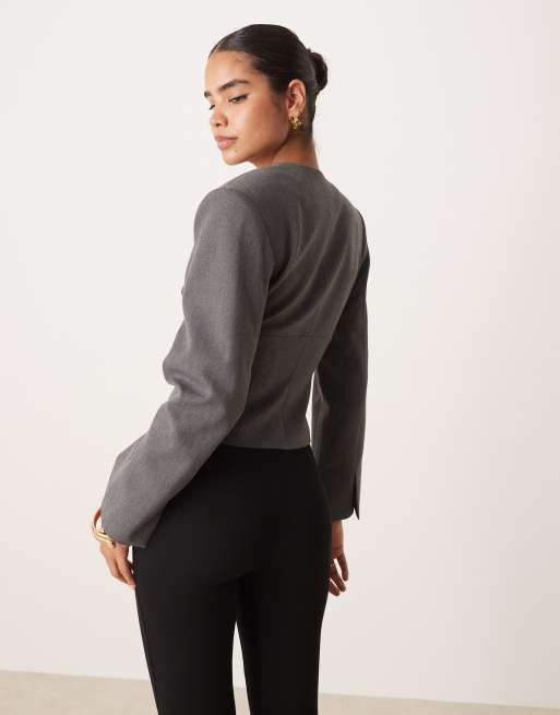 ASOS DESIGN plunge neck cinch waist blazer in gray heather, 3 of 4