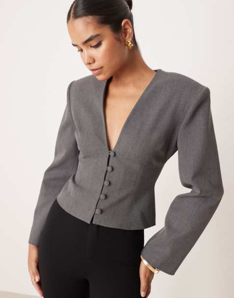 ASOS DESIGN plunge neck cinch waist blazer in grey marl - view 1