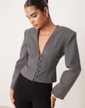 [ASOS DESIGN] ASOS DESIGN plunge neck cinch waist blazer in grey marl 16 Grey marle