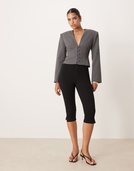 ASOS DESIGN plunge neck cinch waist blazer in grey marl