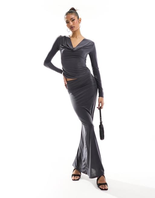ASOS DESIGN plunge neck cowl top in charcoal co-ord, 3 of 4