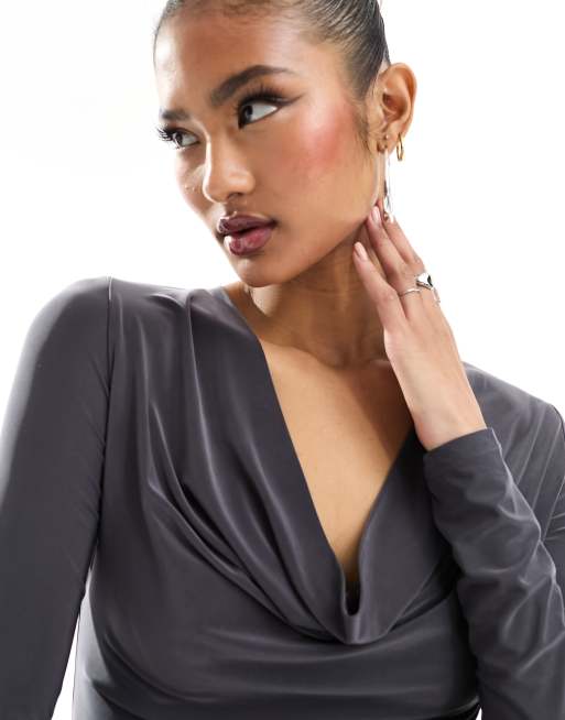 ASOS DESIGN plunge neck cowl top in charcoal - part of a set, 2 of 4