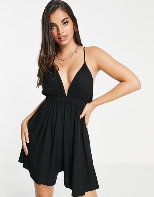 ASOS DESIGN plunge neck cross back beach romper in black