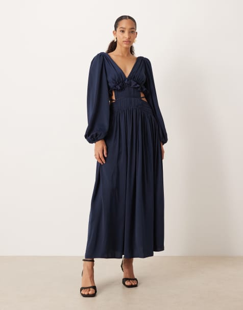 ASOS DESIGN plunge neck cut out satin midaxi dress in navy - view 1