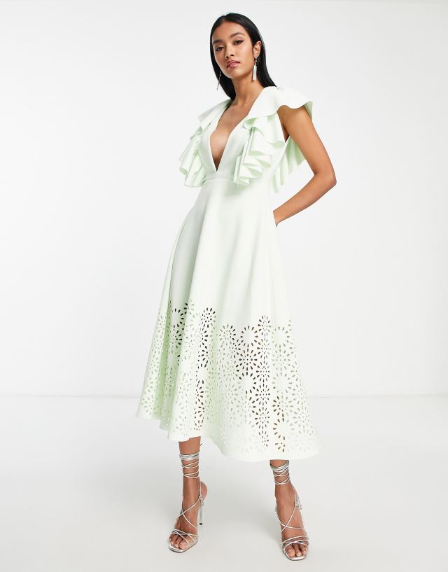 ASOS DESIGN plunge neck cutwork midi prom dress in mint