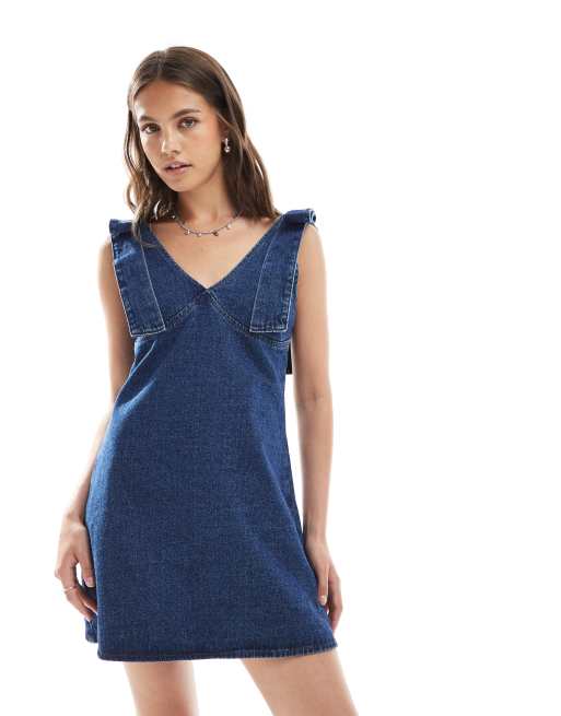 ASOS DESIGN plunge neck denim mini dress with bow shoulders in indigo, 4 of 4