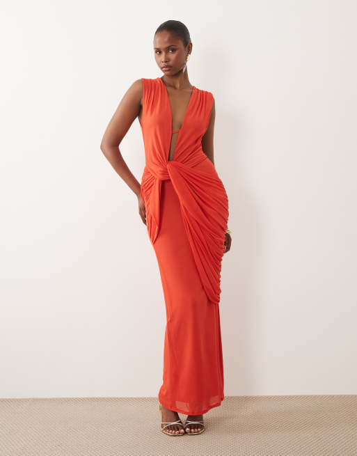 ASOS DESIGN plunge neck gather detail mesh maxi dress in burnt orange, 4 of 4