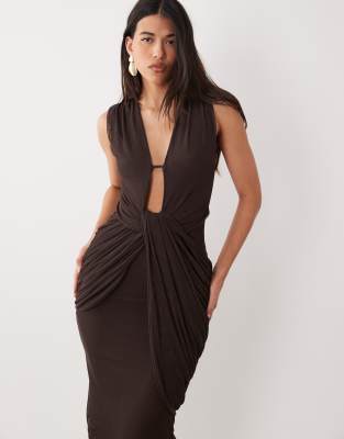 Asos Design Plunge Neck Gather Detail Mesh Maxi Dress In Brown