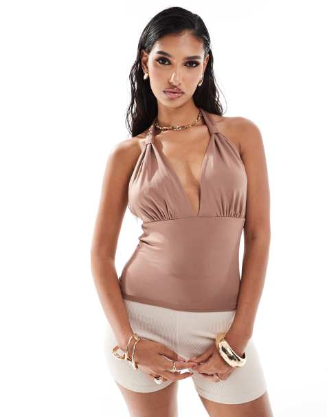 ASOS DESIGN plunge neck halter knot top in brown - view 1