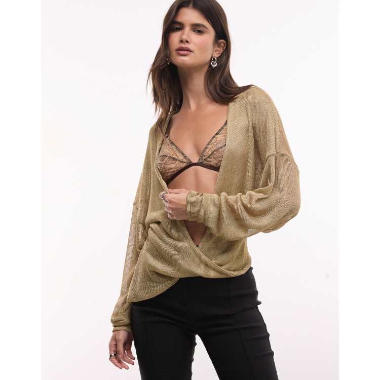 ASOS DESIGN plunge neck long sleeve asymmetric top in gold