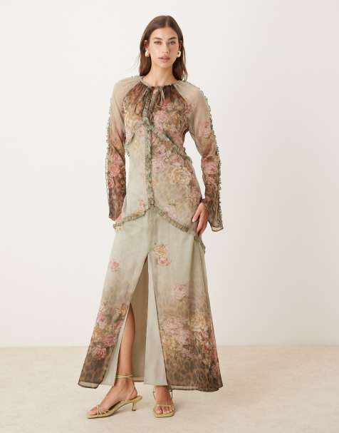 ASOS DESIGN plunge neck long sleeve maxi dress in leopard floral ombre - view 1