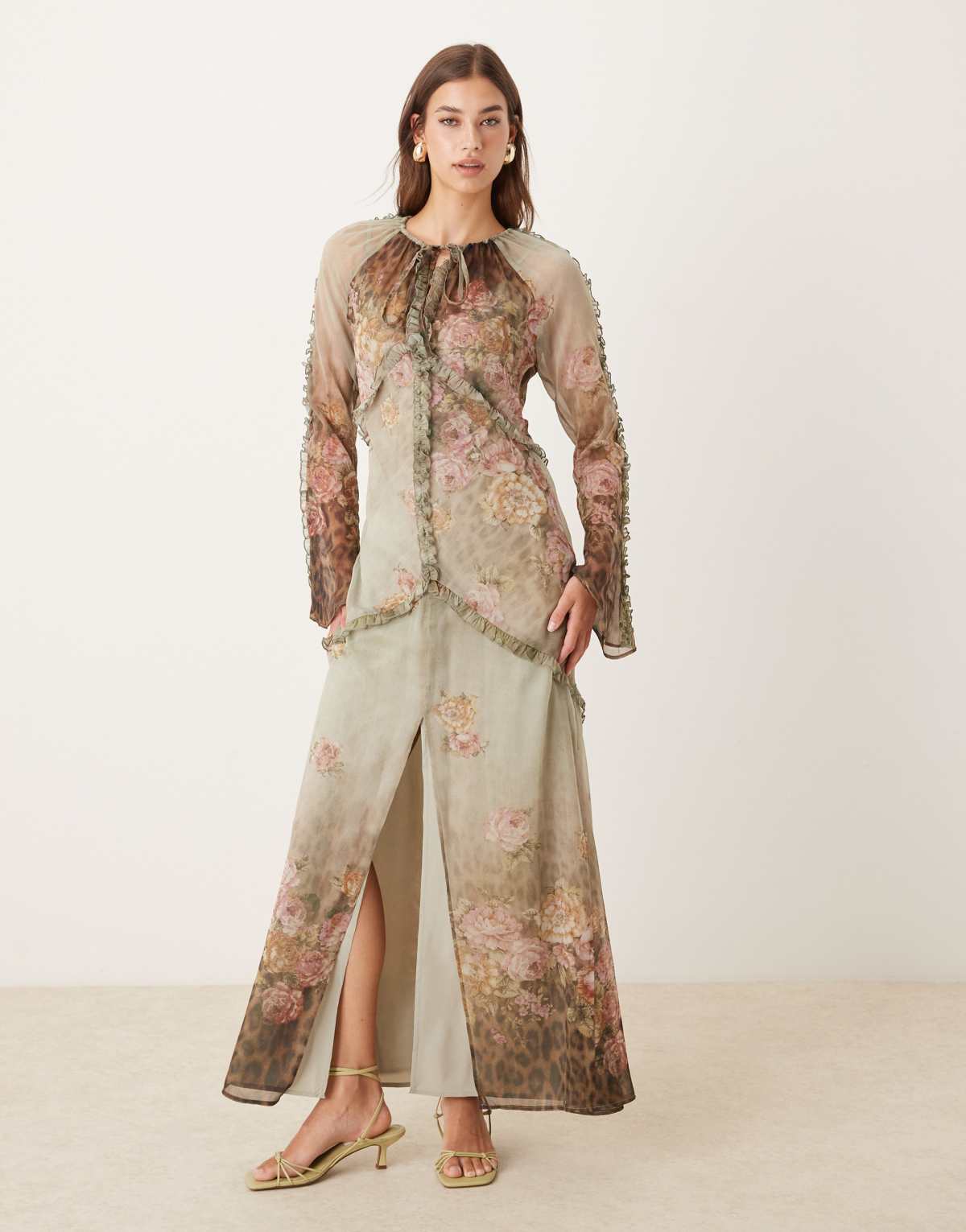 ASOS DESIGN plunge neck long sleeve maxi dress in leopard floral ombre