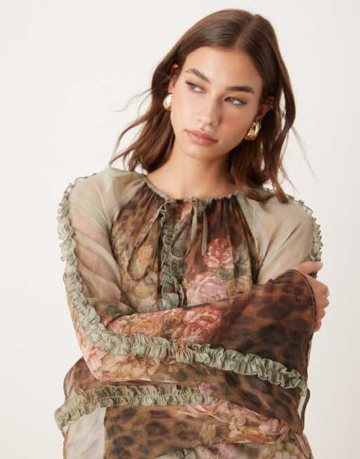 ASOS DESIGN plunge neck long sleeve maxi dress in leopard floral ombre, 3 of 4