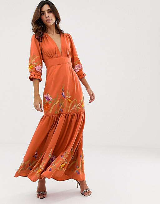 ASOS DESIGN plunge neck maxi dress with border embroidery