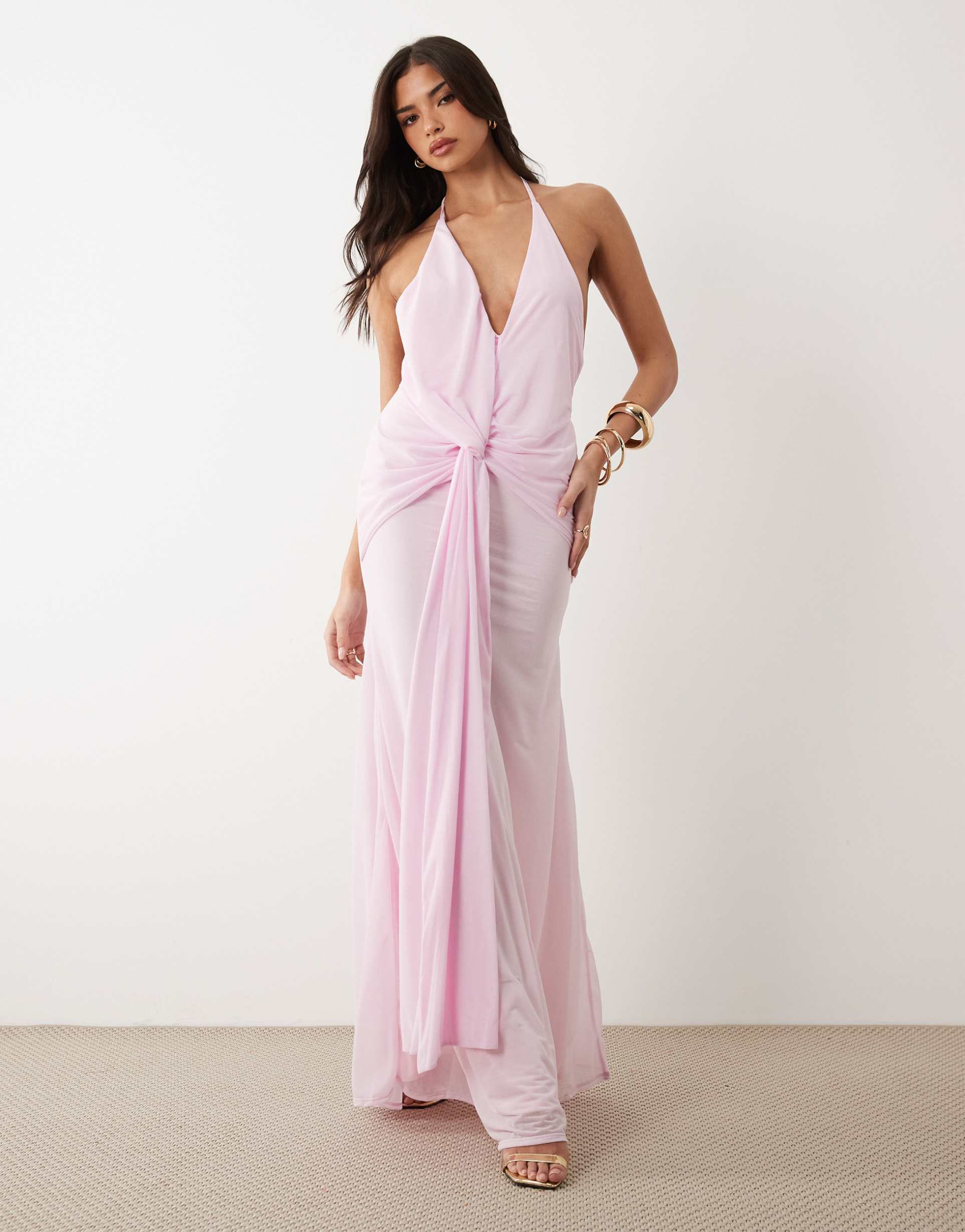 asos design plunge neck maxi dress with frill detailing in dusty pink