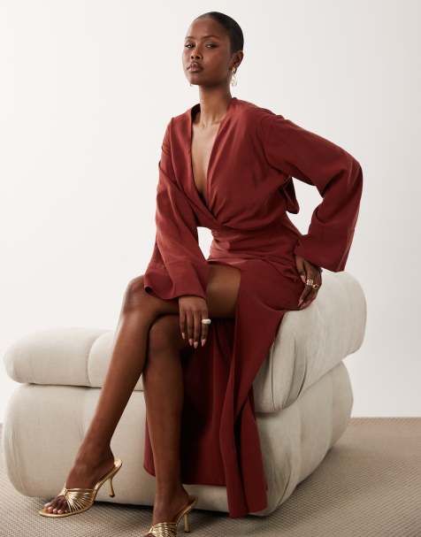 ASOS DESIGN plunge neck maxi dress with wide cuffs and side slit in red - view 1