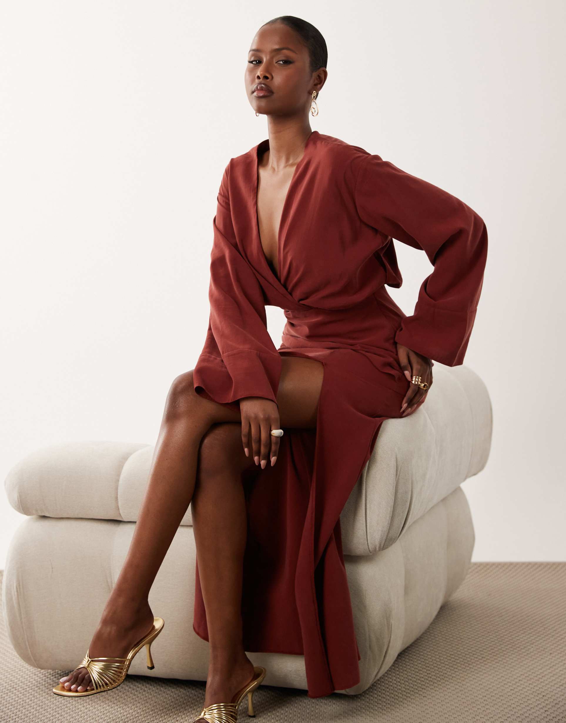 asos design plunge neck maxi dress with wide cuffs and side slit in red