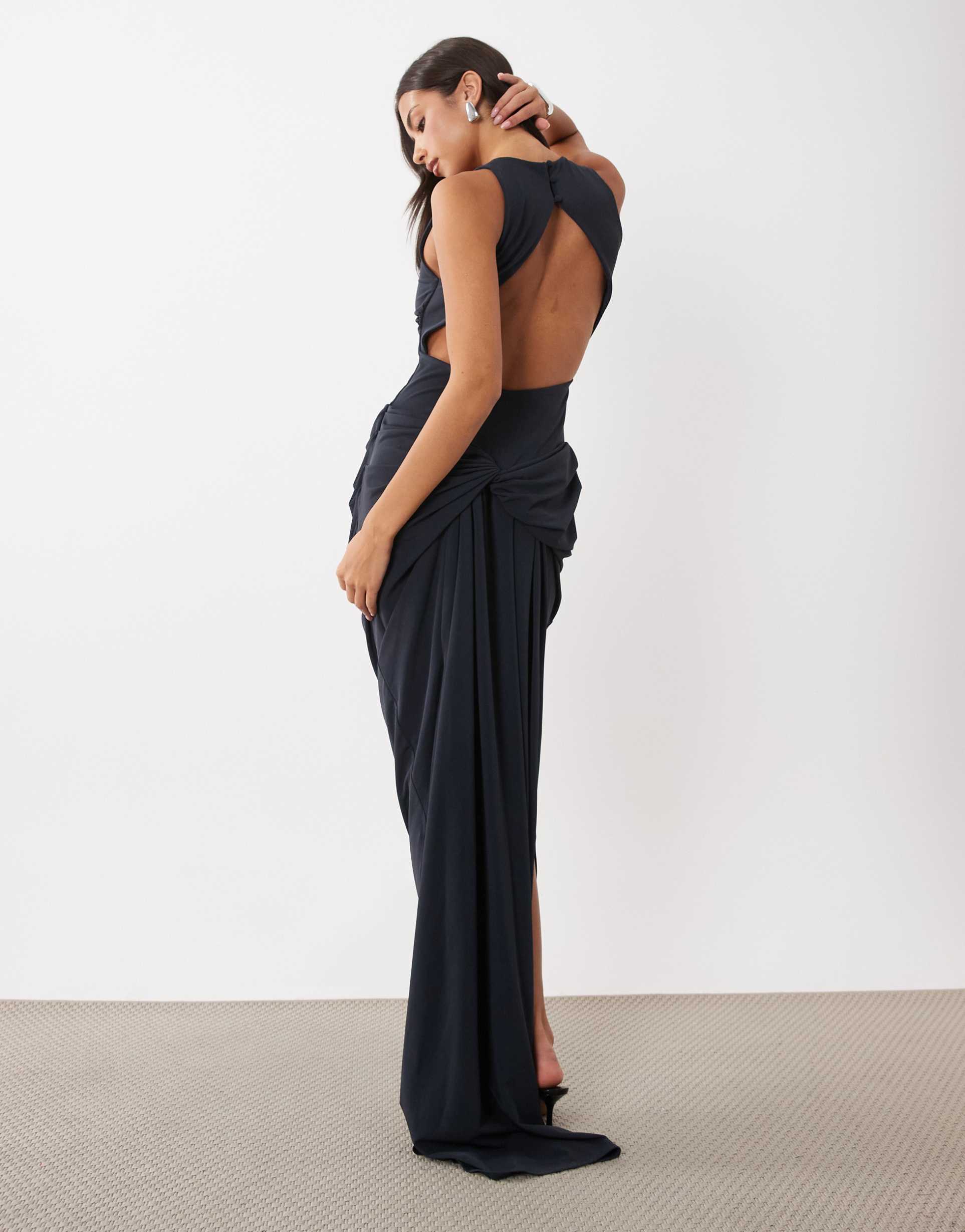 asos design plunge neck midi dress with open back & train detail in navy