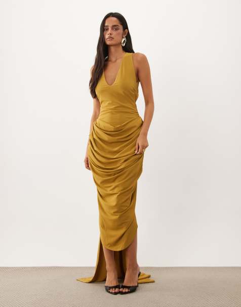 ASOS DESIGN plunge neck midi dress with open back & train detail in tobacco - view 1