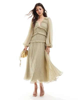 ASOS DESIGN plunge neck midi dress with ruffles in olive green