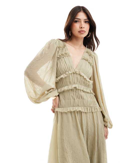 ASOS DESIGN plunge neck midi dress with ruffles in olive green, 2 of 4