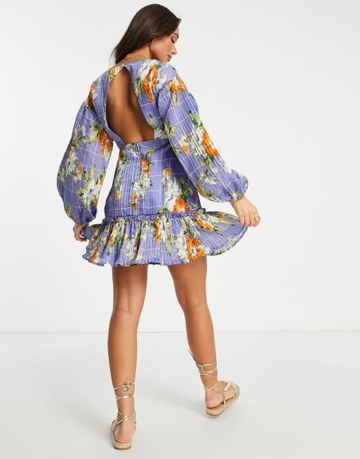 ASOS DESIGN linen pleated bust bandeau mini dress in blue large floral  print