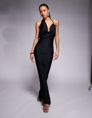 ASOS DESIGN plunge neck slinky midi dress with hardware in black - view 1