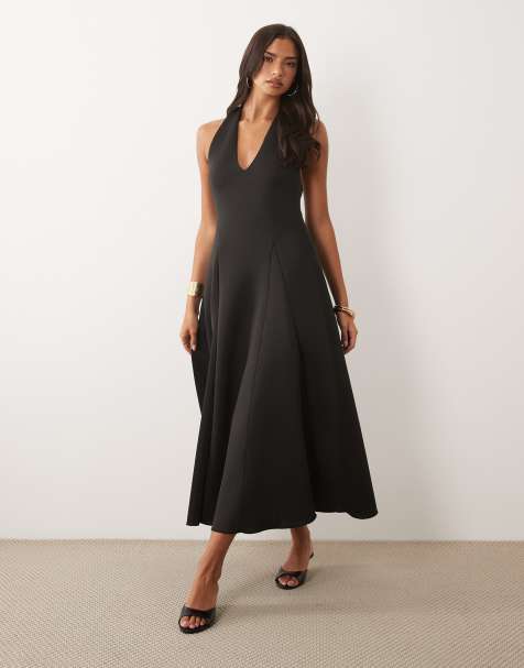 ASOS DESIGN plunge neck structured full skirt midi dress in black scuba-style fabric - view 1