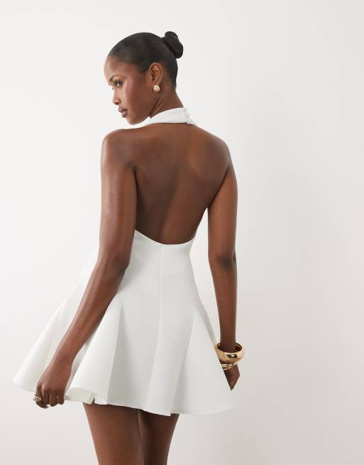 ASOS DESIGN plunge neck structured full skirt mini dress in ivory scuba-style fabric, 4 of 4