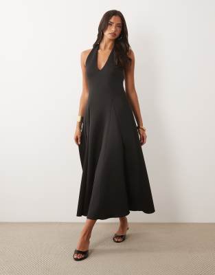 Asos Design Plunge Neck Structured Full Skirted Midi Dress In Black