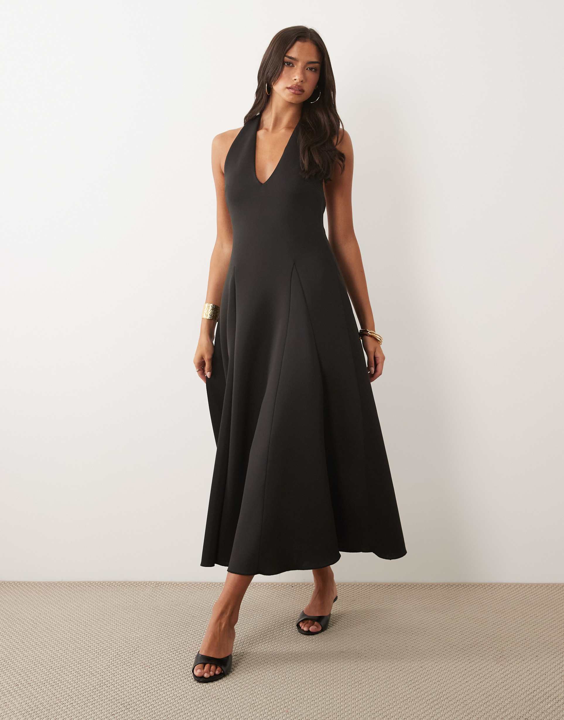 asos design plunge neck structured full skirted midi dress in black scuba-style fabric