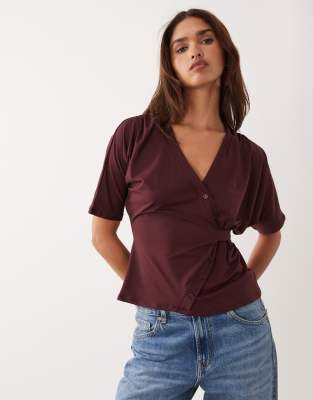 Asos Design Plunge Neck Wrap Top With Button Details In Purple