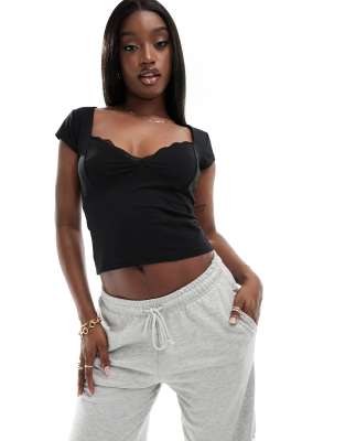 Asos Design Plunge Neckline Top With Lace In Black