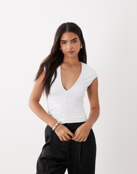 ASOS DESIGN plunge open front short sleeve ruched top in white - view 1