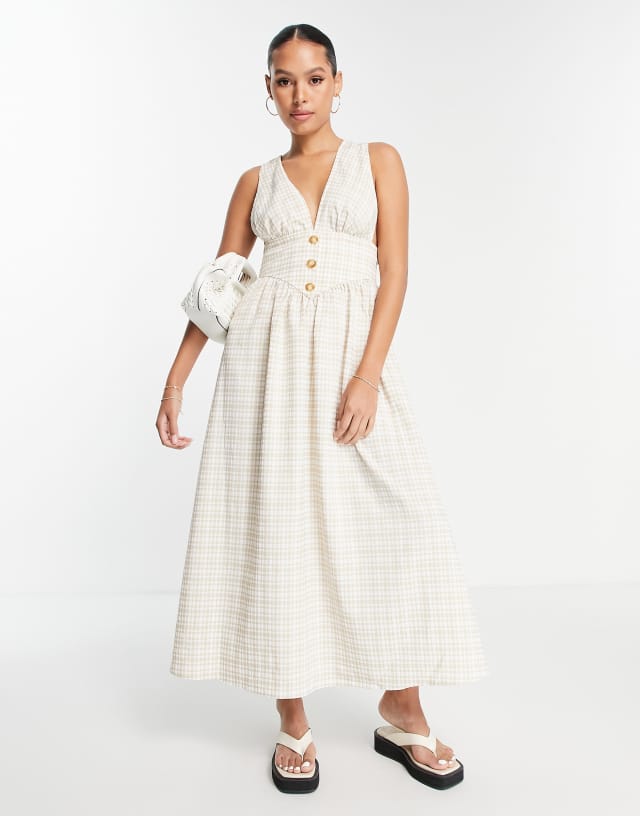 ASOS DESIGN plunge overalls midi dress in neutral gingham