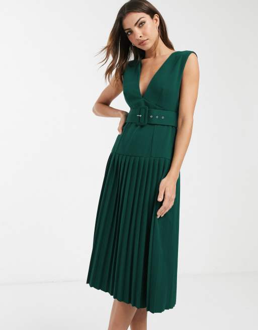 Asos Design Plunge Pleated Midi Dress With Self Belt 