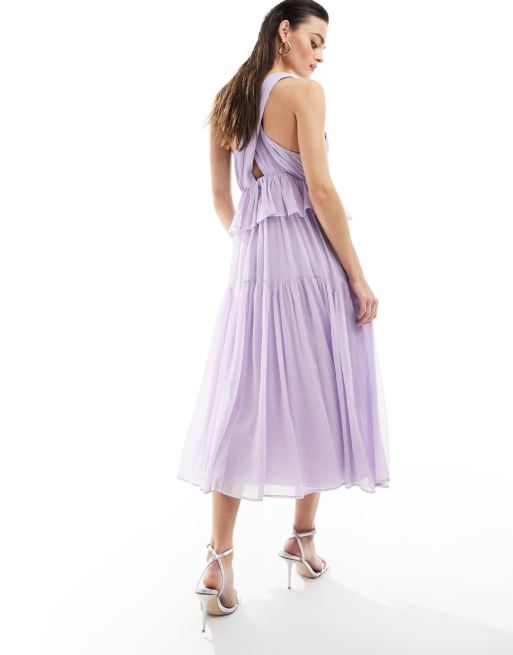ASOS DESIGN plunge pleated tiered midi dress in dusky lilac, 4 of 4