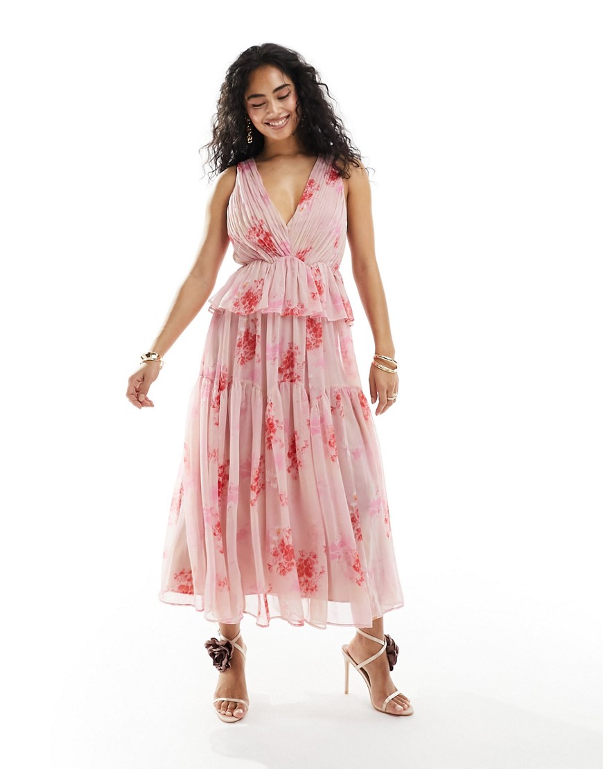 ASOS DESIGN plunge pleated tiered midi dress in pink floral print-Multi