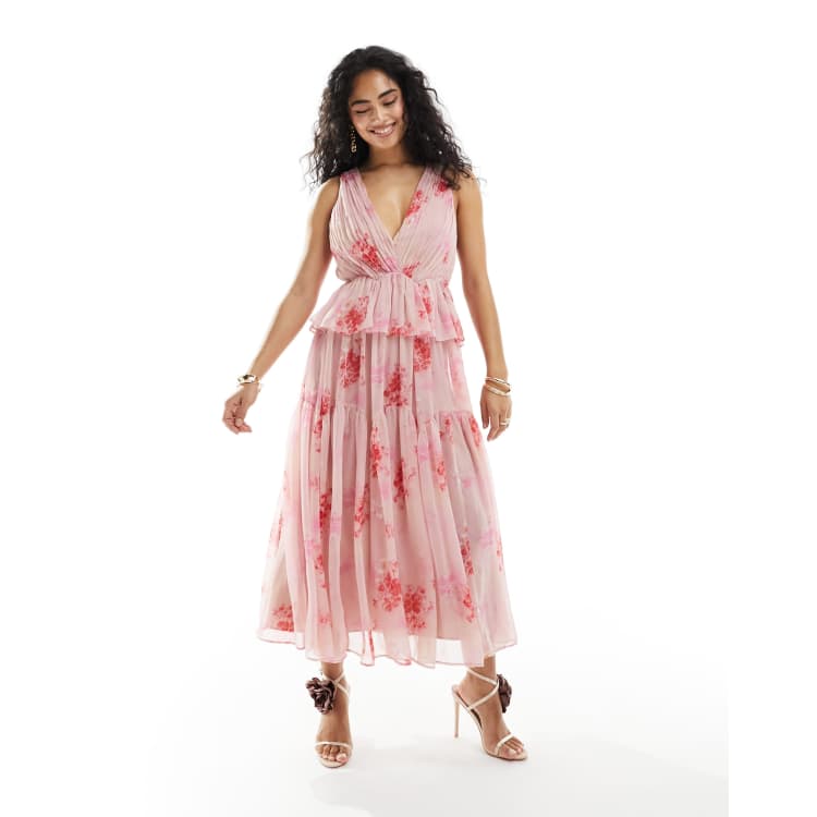 ASOS DESIGN plunge pleated tiered midi dress in pink floral print