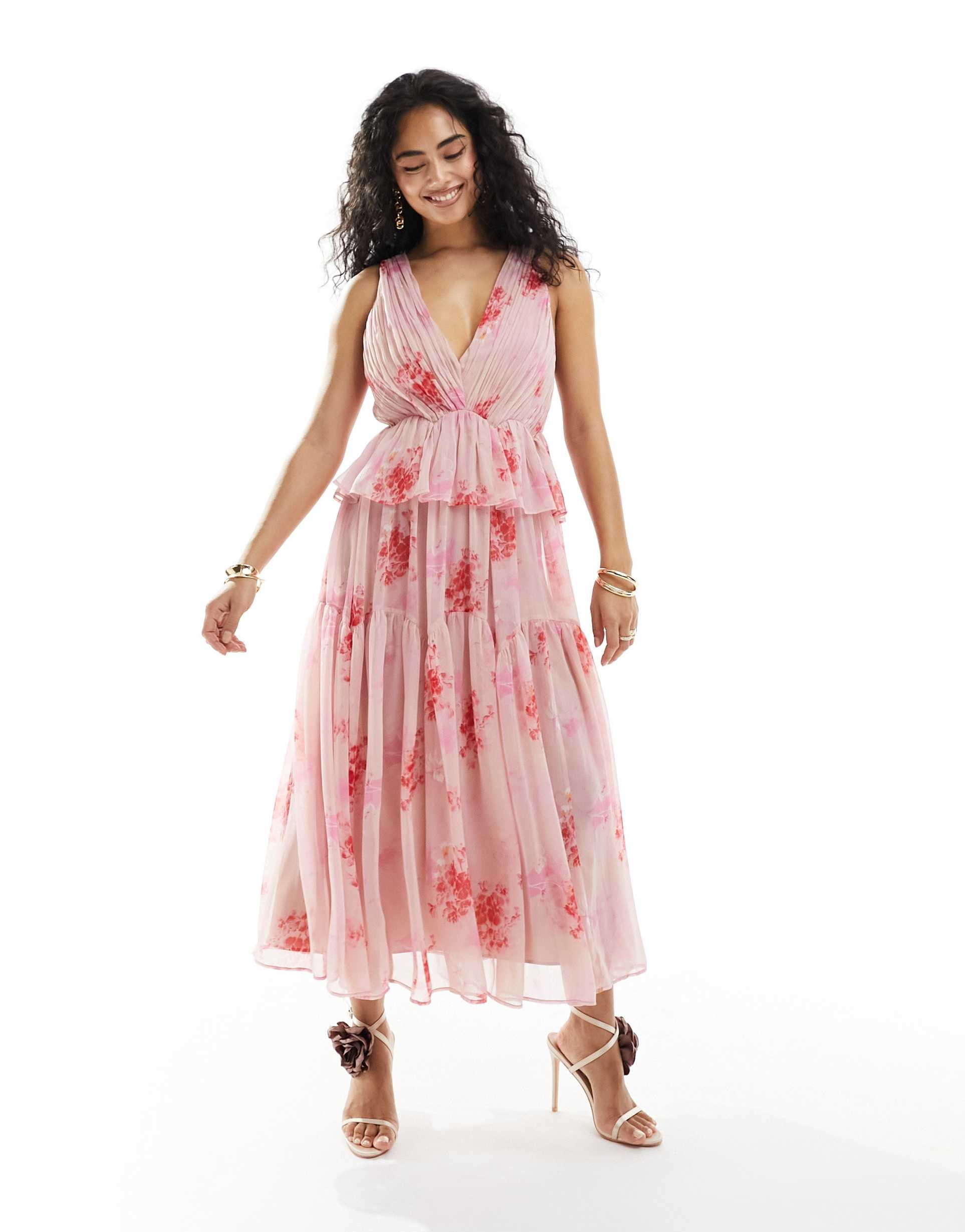 asos design plunge pleated tiered midi dress in pink floral print