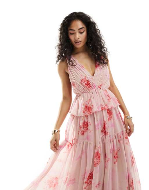 ASOS DESIGN plunge pleated tiered midi dress in pink floral print